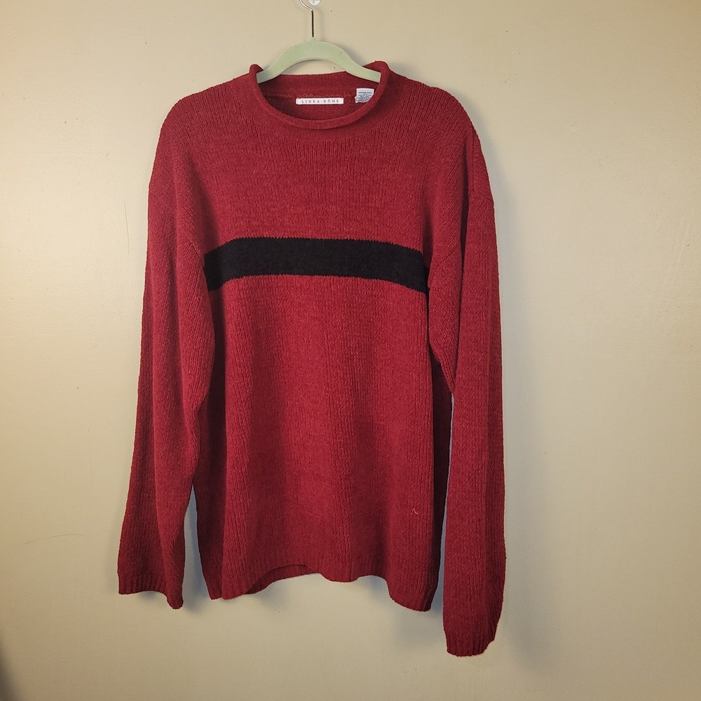Linea Dome Red Black Chenille Sweater XL Vintage 90s Crewneck‎ Soft Knit